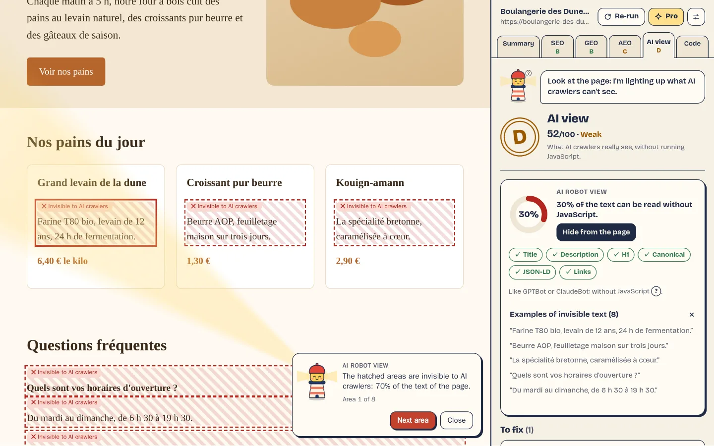 A bakery’s web page where three product descriptions and the FAQ are hatched in red and labeled “Invisible to AI crawlers”. On the right, the Lumi GEO side panel: AI view, grade D, 52/100, only 30% of the text can be read without JavaScript.