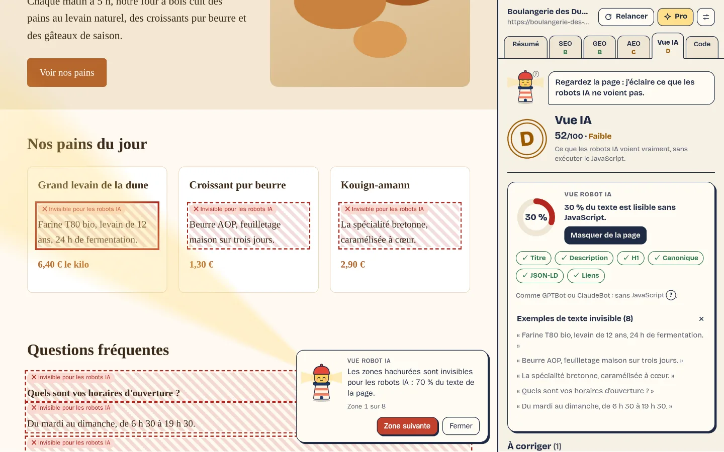 La page web d’une boulangerie dont trois descriptions de produits et la FAQ sont hachurées en rouge, avec l’étiquette « Invisible pour les robots IA ». À droite, le panneau de Lumi GEO : Vue IA, note D, 52/100, seulement 30 % du texte lisible sans JavaScript.
